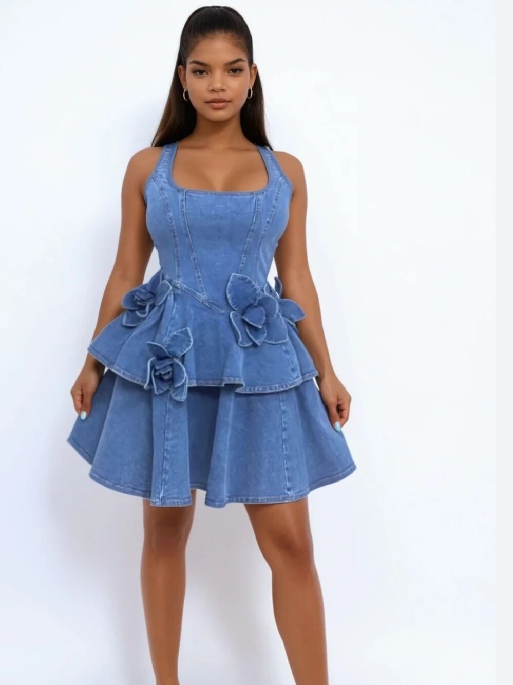 Denim Floral Peplum Mini Dress - Blue